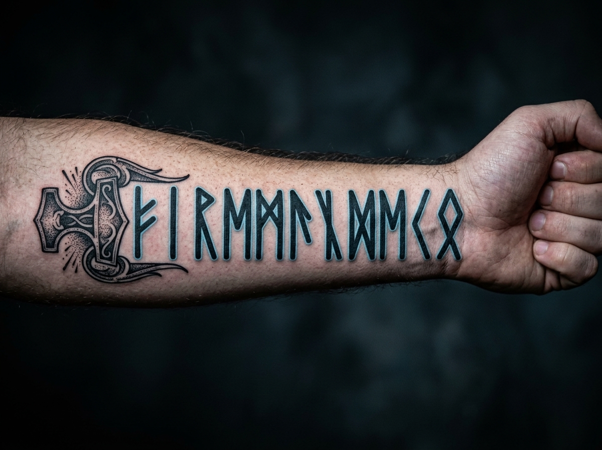 Forearm tattoo of FiremanDecko’s name in Elder Futhark runes