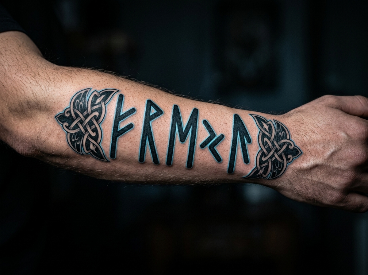 Forearm tattoo of Freya’s name in Elder Futhark runes