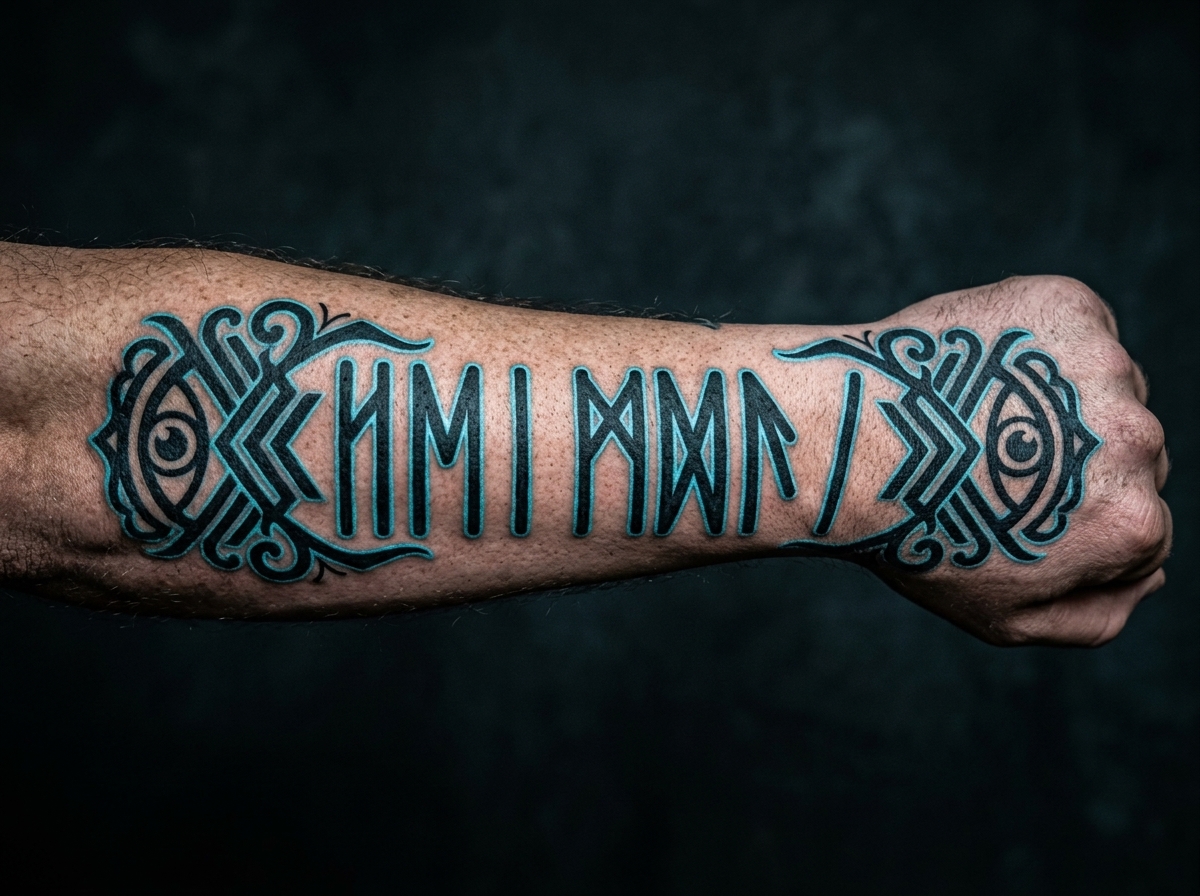 Forearm tattoo of Heimdall’s name in Elder Futhark runes