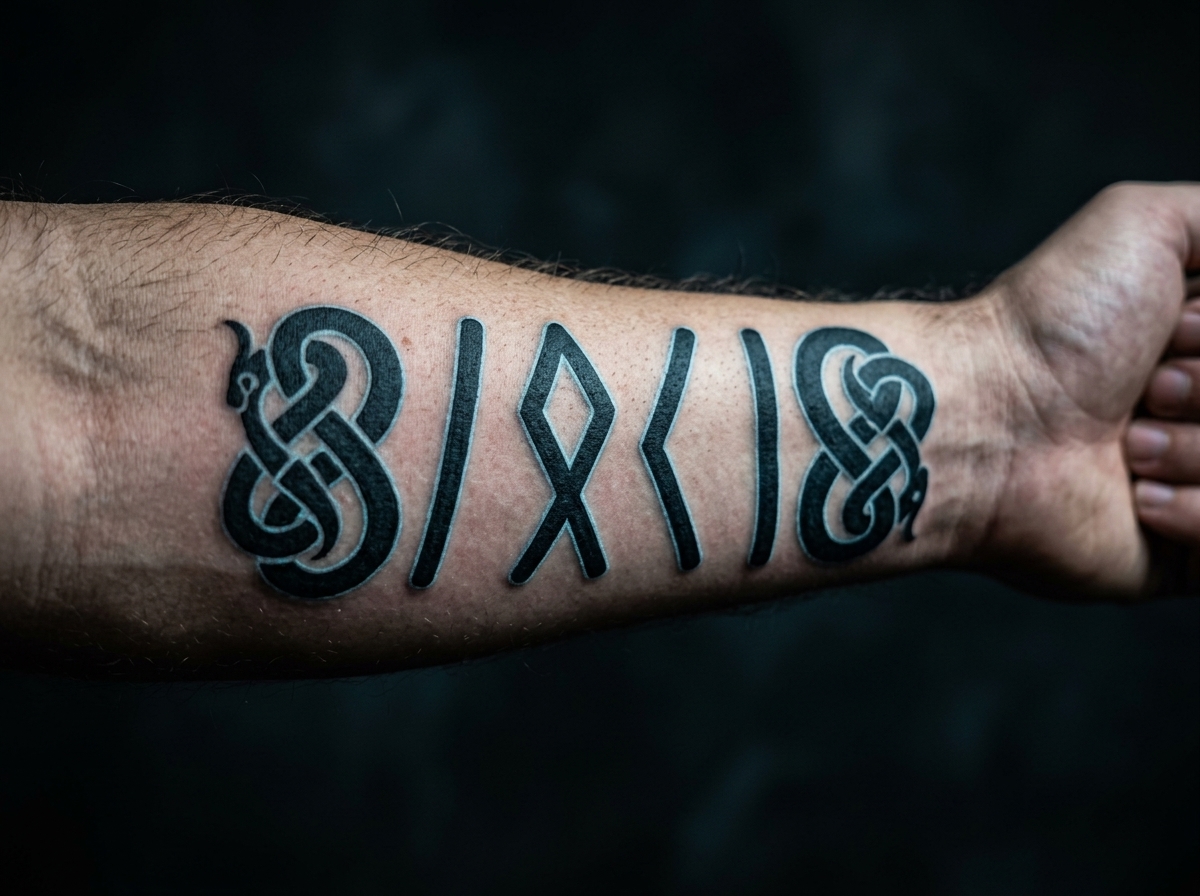 Forearm tattoo of Loki’s name in Elder Futhark runes