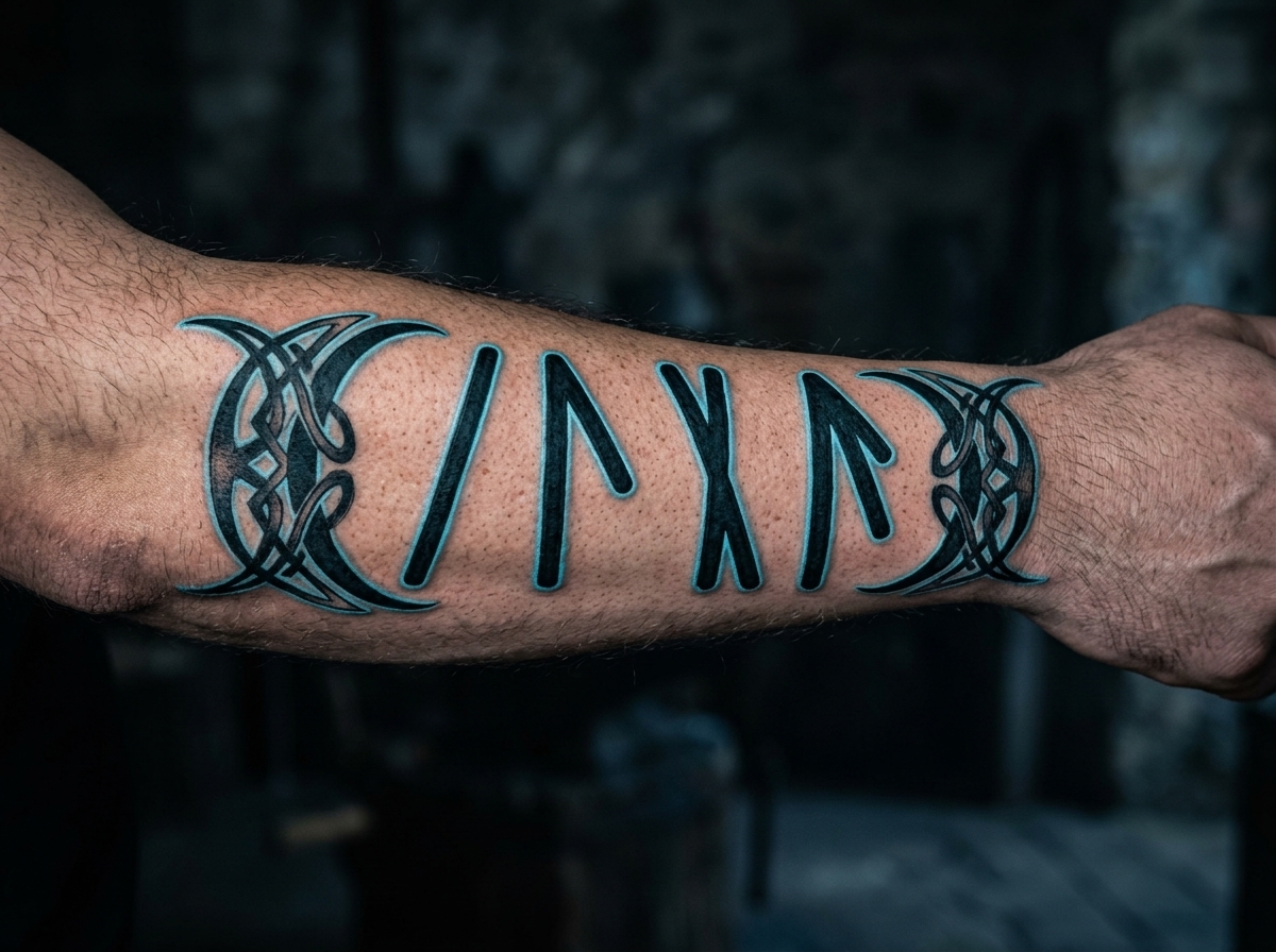 Forearm tattoo of Luna’s name in Elder Futhark runes