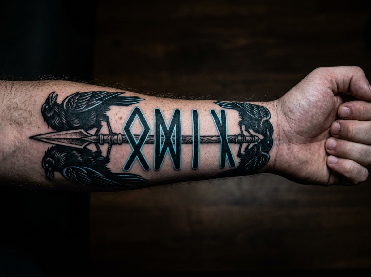 Forearm tattoo of Odin’s name in Elder Futhark runes